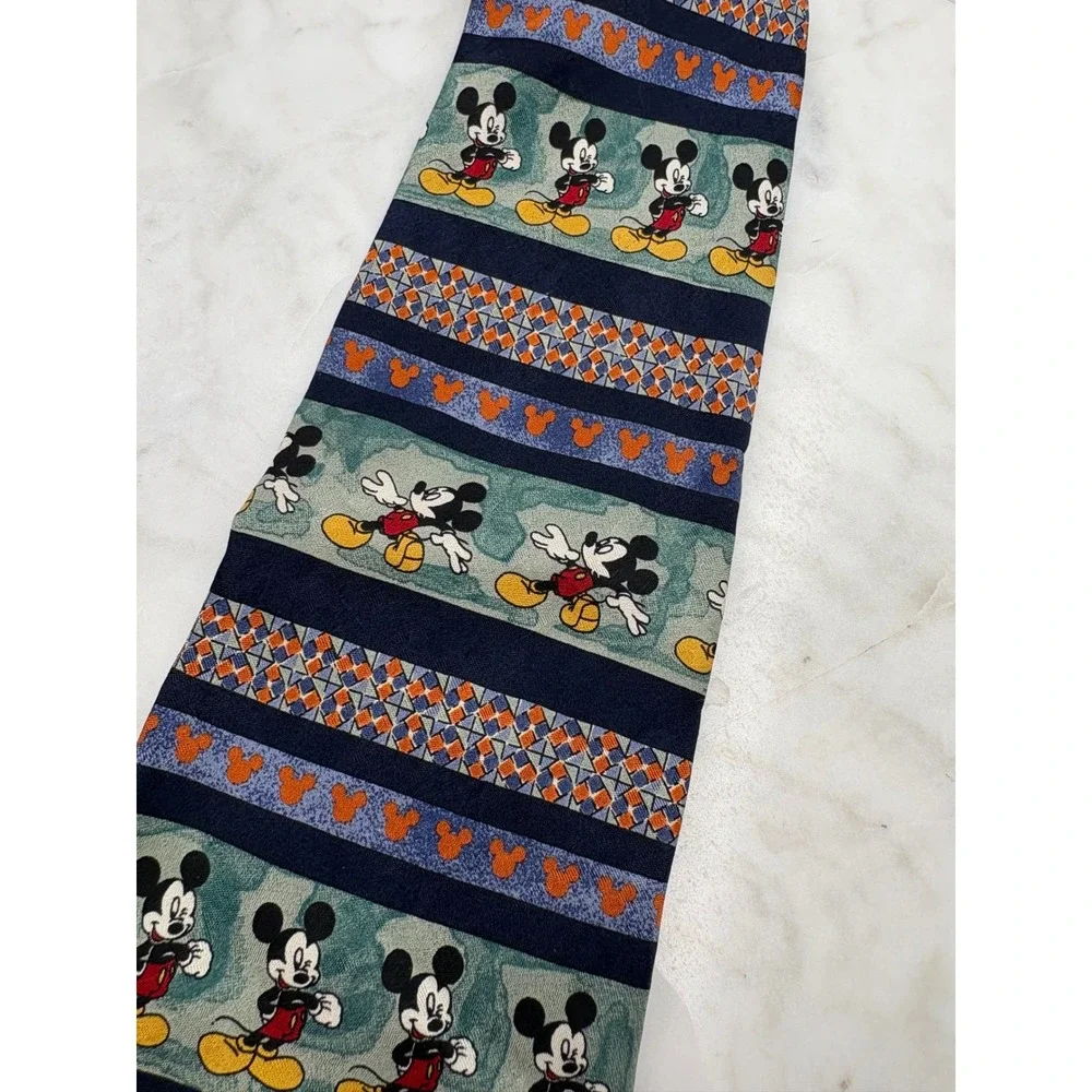 VTG Mickey Mouse Silk Tie Italy Navy Blue‎ Green 61x3.75